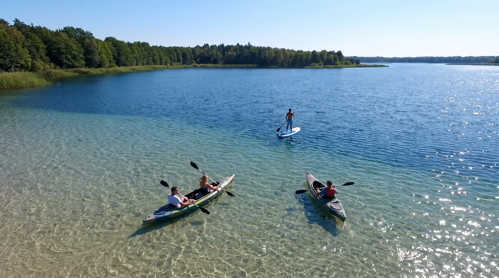 Kajaki i paddleboard na krystalicznie czystej wodzie Jeziora Stelchno